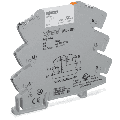 Módulo con Relé WAGO 857-304 / Tensión Nominal 24 VCC / 1 Inversor / Corriente Permanente Límite 6 A / Indicador de Estado LED Amarillo / Ancho de Montaje 6 mm / Material Poliamida (PA 66) / IP20 / Aislamiento Reforzado