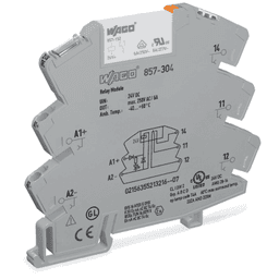 Módulo con Relé WAGO 857-304 / Tensión Nominal 24 VCC / 1 Inversor / Corriente Permanente Límite 6 A / Indicador de Estado LED Amarillo / Ancho de Montaje 6 mm / Material Poliamida (PA 66) / IP20 / Aislamiento Reforzado