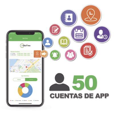 Licencia para realizar checadas de asistencia desde Smartphone (APP) con envío de fotografía y ubicación por GPS / Compatible con BIOTIMEPRO / Licencia para 50 usuario