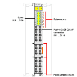 Módulo de Entrada Digital / 16 Canales / 24 VDC / Filtro RC 3 ms / Push-in CAGE CLAMP® / Aislamiento 500 V / IP20 / DIN-rail