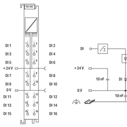 Módulo de Entrada Digital / 16 Canales / 24 VDC / Filtro RC 3 ms / Push-in CAGE CLAMP® / Aislamiento 500 V / IP20 / DIN-rail
